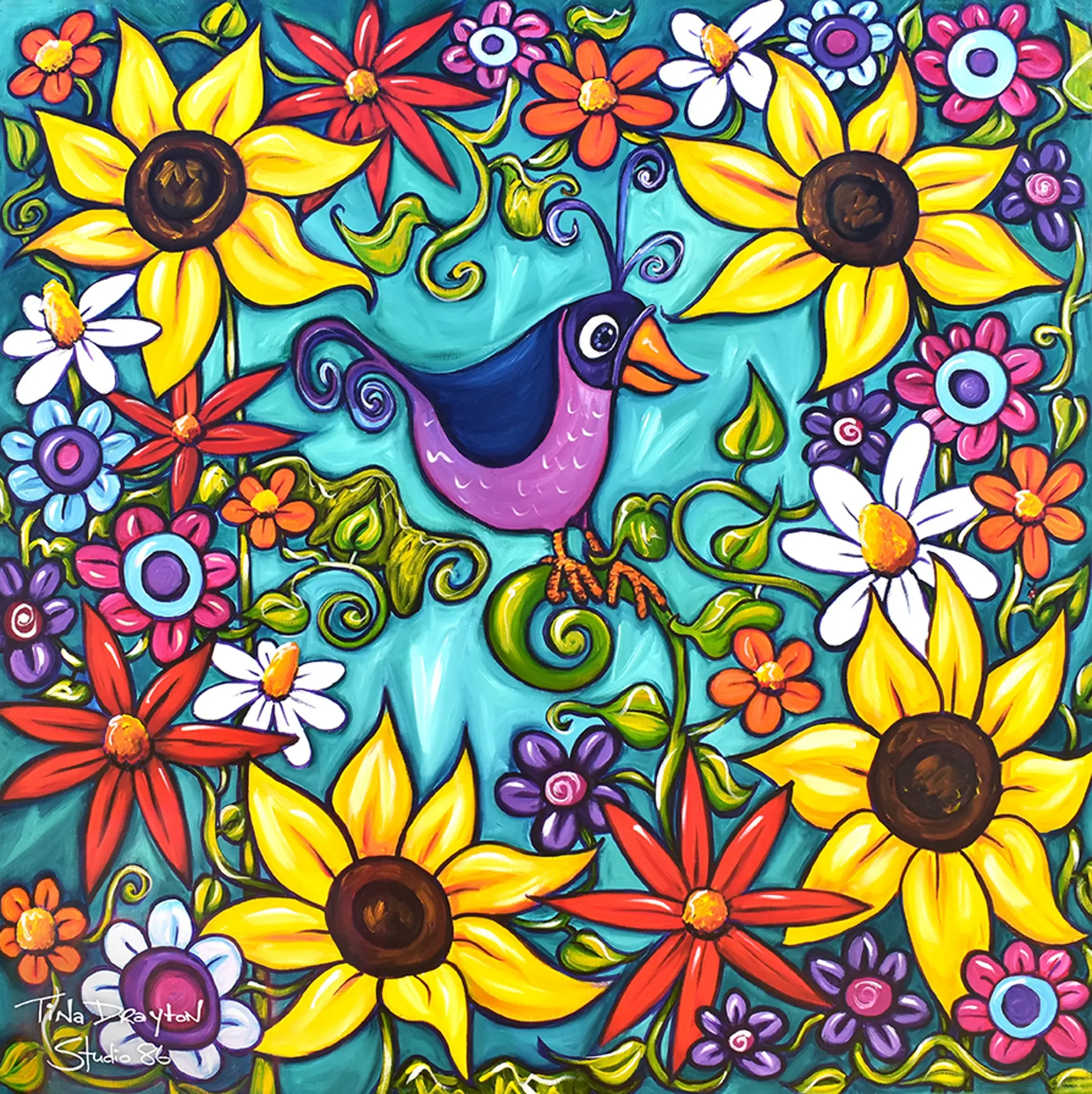 Flower Bird Block Print