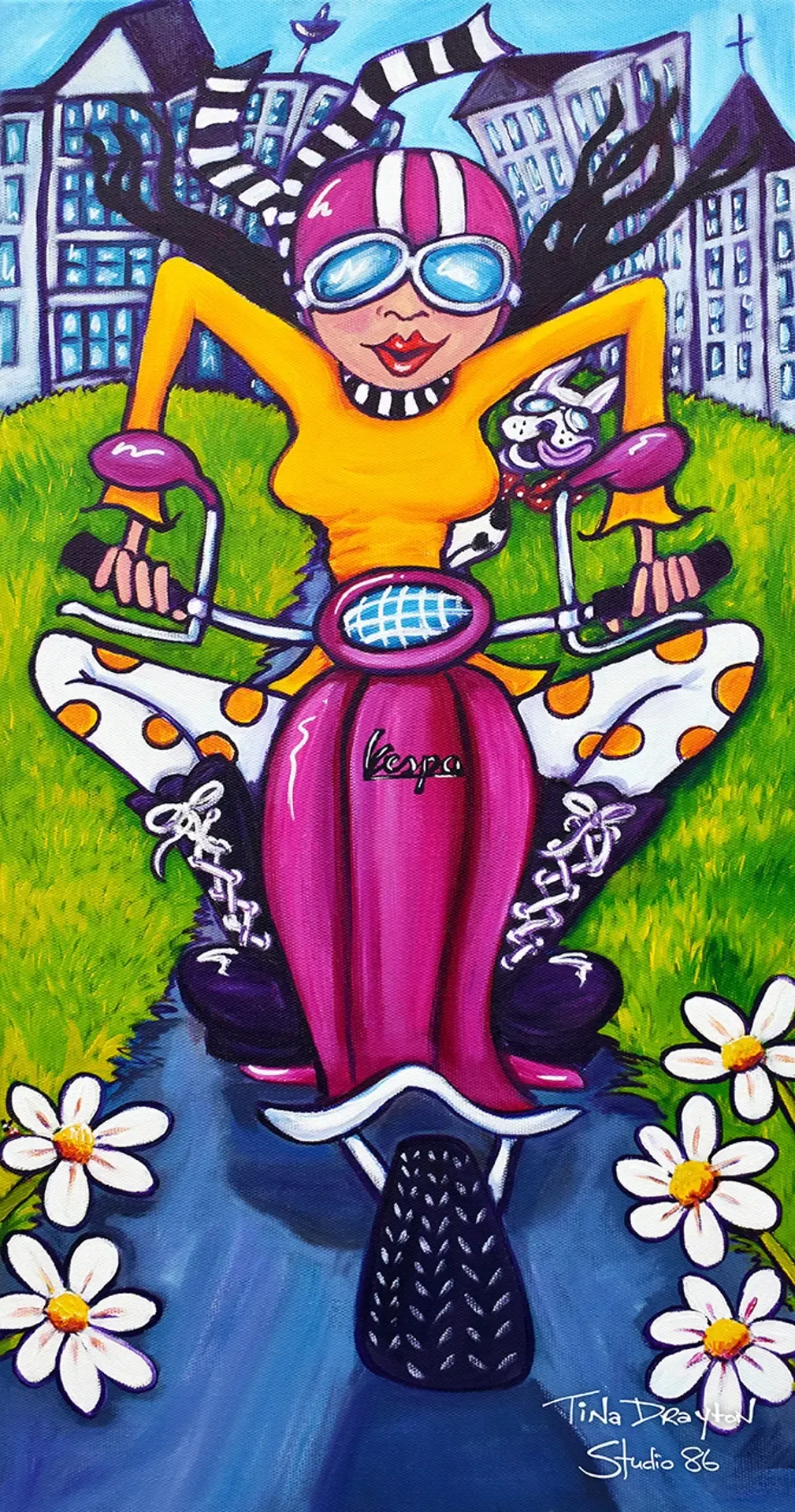 Betty Botox on her  vespa Block Print